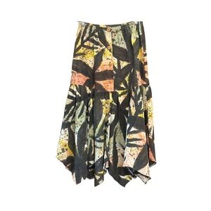 Boho Abstract Handkerchief Hem Skirt Button Front Artsy Festival Style Medium